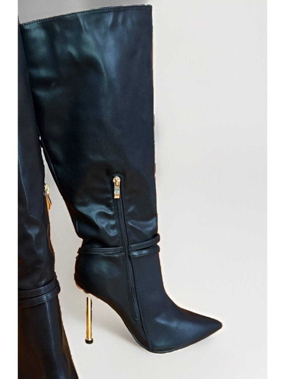 New Black Fashion Nova Tommy Stiletto Knee High Boots Gold Tone Lock & Key 10 - Picture 3 of 7